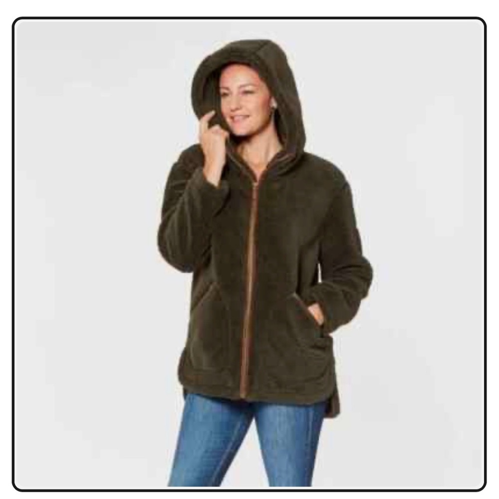 Koolaburra Ugg Women's Hooded Sherpa Coat with Brown suede trim - Olive Green